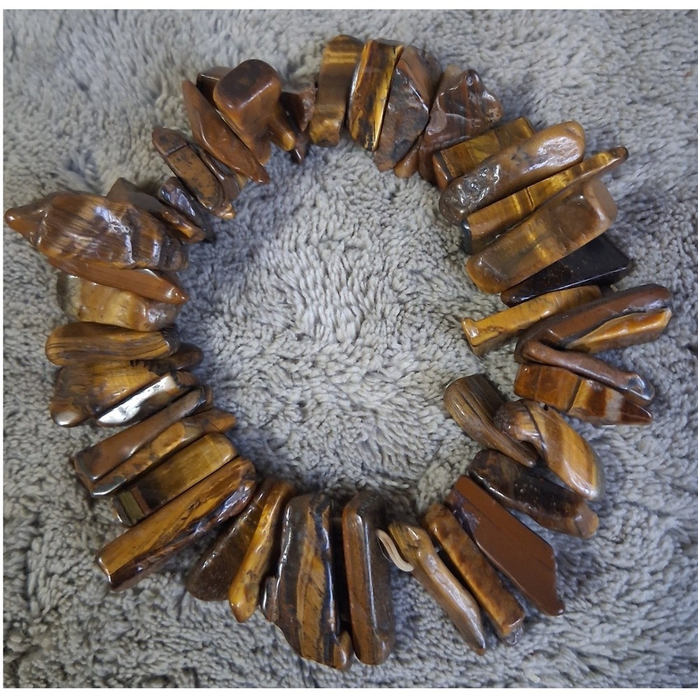 Natural Tiger Eye Polished Chip Stone Stretch Bracelet Brown Gold Boho Earthy